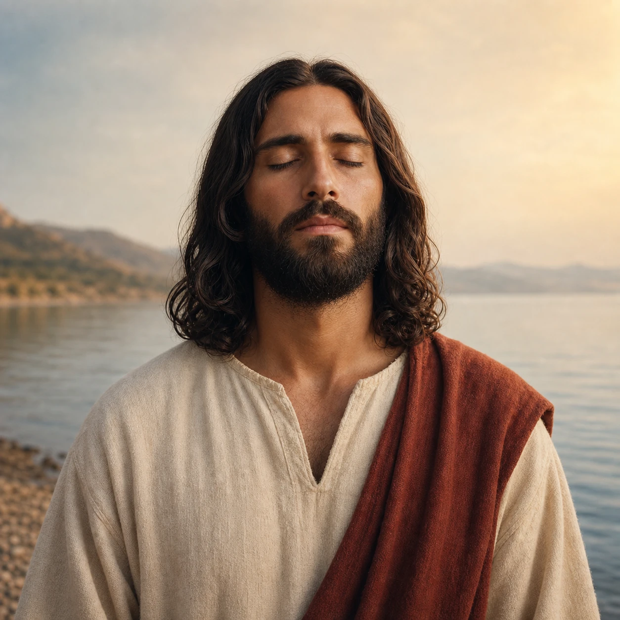 Christ at the shore of the sea, eyes closed in the evening light